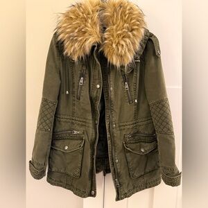 Guess Olive Green Utility Coat Removable Faux Fur Collar Lined M EUC